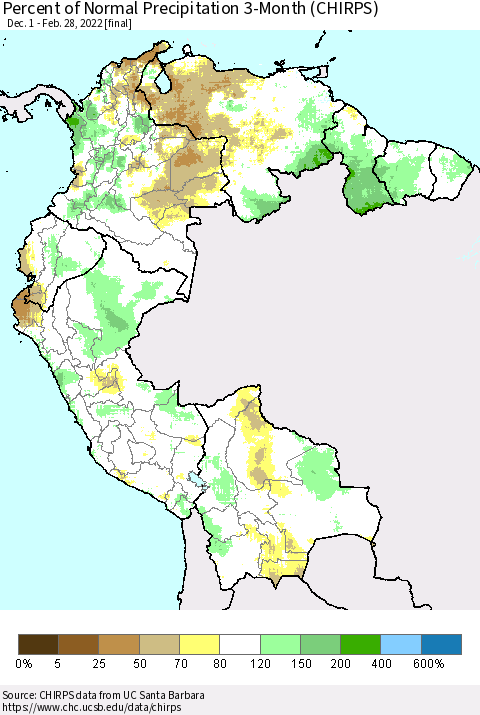 Northern South America Percent of Normal Precipitation 3-Month (CHIRPS) Thematic Map For 12/1/2021 - 2/28/2022