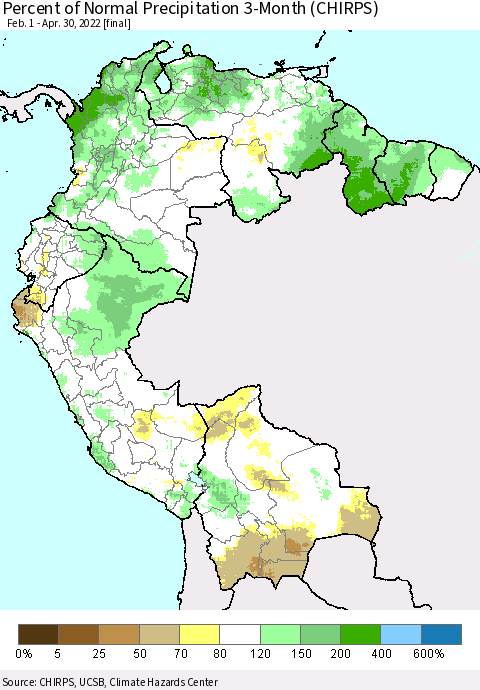 Northern South America Percent of Normal Precipitation 3-Month (CHIRPS) Thematic Map For 2/1/2022 - 4/30/2022