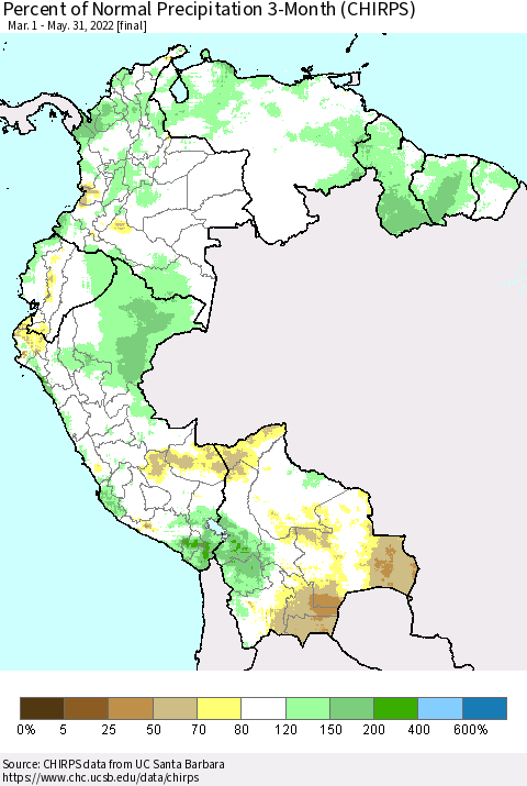 Northern South America Percent of Normal Precipitation 3-Month (CHIRPS) Thematic Map For 3/1/2022 - 5/31/2022