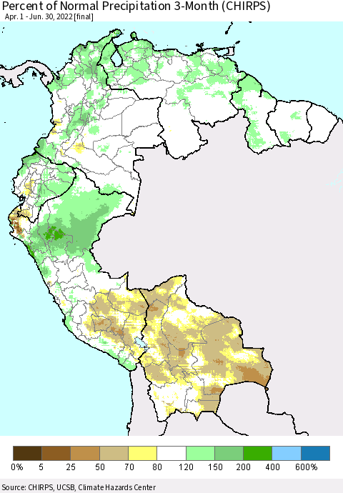 Northern South America Percent of Normal Precipitation 3-Month (CHIRPS) Thematic Map For 4/1/2022 - 6/30/2022