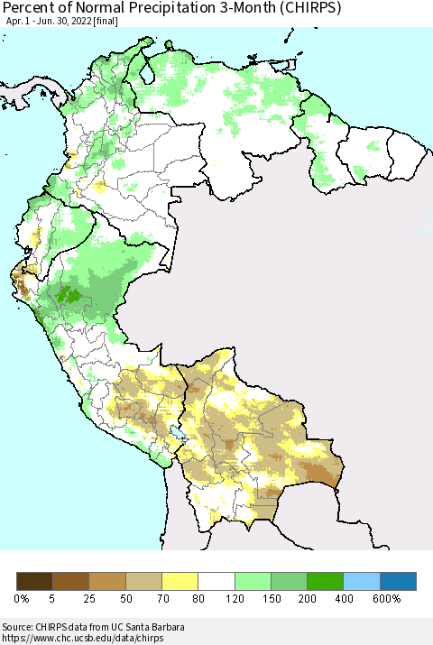 Northern South America Percent of Normal Precipitation 3-Month (CHIRPS) Thematic Map For 4/1/2022 - 6/30/2022