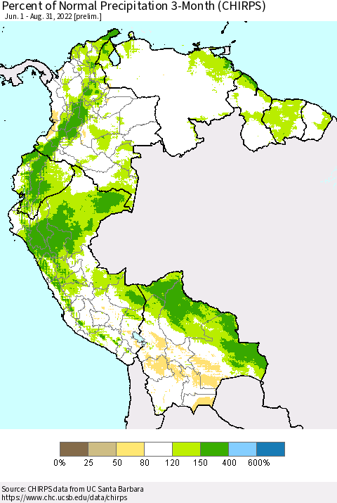 Northern South America Percent of Normal Precipitation 3-Month (CHIRPS) Thematic Map For 6/1/2022 - 8/31/2022