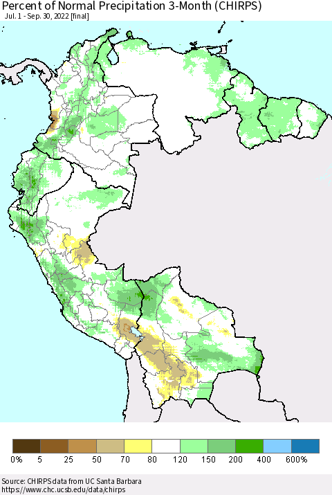 Northern South America Percent of Normal Precipitation 3-Month (CHIRPS) Thematic Map For 7/1/2022 - 9/30/2022