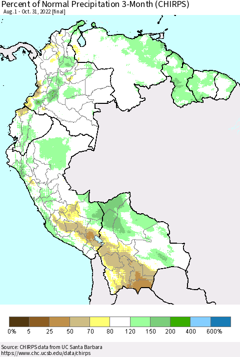Northern South America Percent of Normal Precipitation 3-Month (CHIRPS) Thematic Map For 8/1/2022 - 10/31/2022