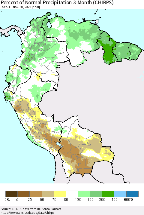 Northern South America Percent of Normal Precipitation 3-Month (CHIRPS) Thematic Map For 9/1/2022 - 11/30/2022