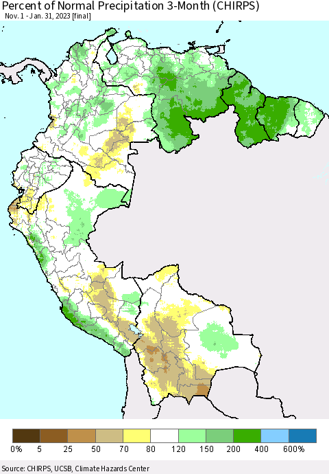 Northern South America Percent of Normal Precipitation 3-Month (CHIRPS) Thematic Map For 11/1/2022 - 1/31/2023