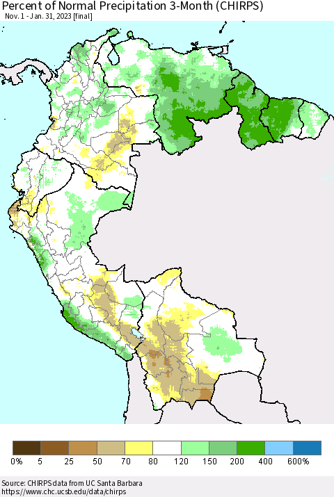 Northern South America Percent of Normal Precipitation 3-Month (CHIRPS) Thematic Map For 11/1/2022 - 1/31/2023