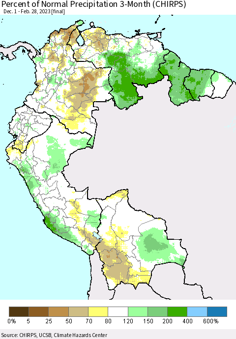 Northern South America Percent of Normal Precipitation 3-Month (CHIRPS) Thematic Map For 12/1/2022 - 2/28/2023