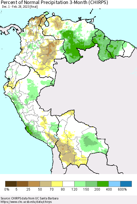 Northern South America Percent of Normal Precipitation 3-Month (CHIRPS) Thematic Map For 12/1/2022 - 2/28/2023