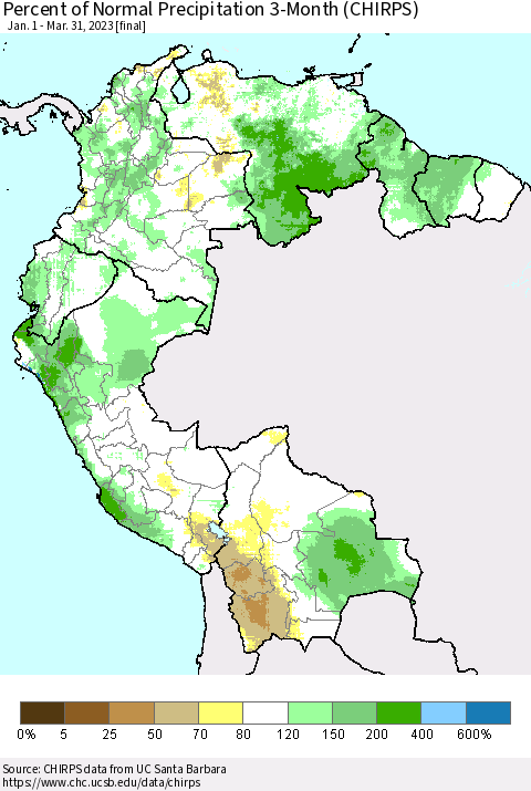 Northern South America Percent of Normal Precipitation 3-Month (CHIRPS) Thematic Map For 1/1/2023 - 3/31/2023