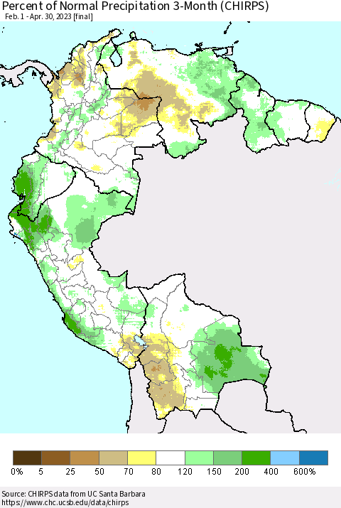 Northern South America Percent of Normal Precipitation 3-Month (CHIRPS) Thematic Map For 2/1/2023 - 4/30/2023