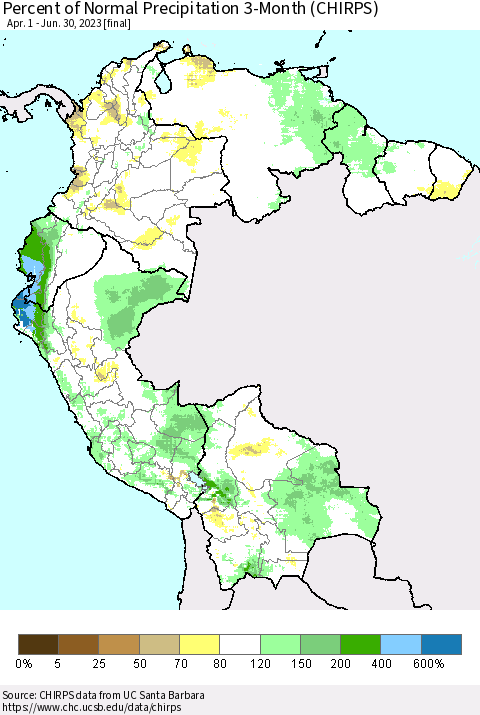 Northern South America Percent of Normal Precipitation 3-Month (CHIRPS) Thematic Map For 4/1/2023 - 6/30/2023