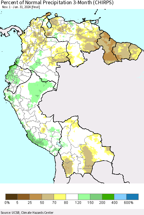 Northern South America Percent of Normal Precipitation 3-Month (CHIRPS) Thematic Map For 11/1/2023 - 1/31/2024