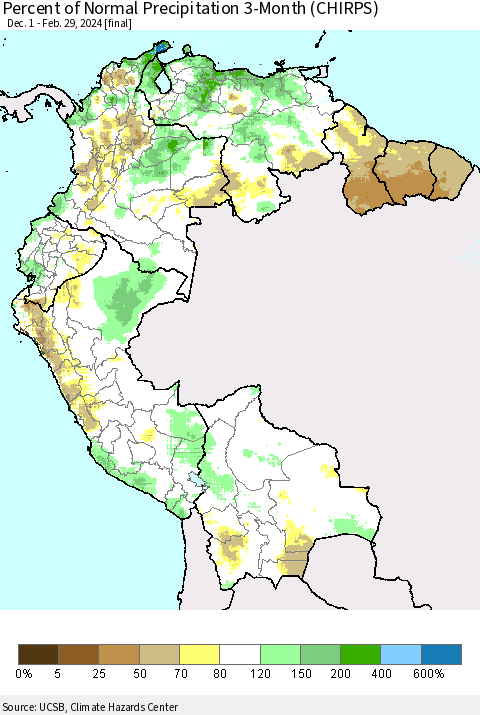 Northern South America Percent of Normal Precipitation 3-Month (CHIRPS) Thematic Map For 12/1/2023 - 2/29/2024