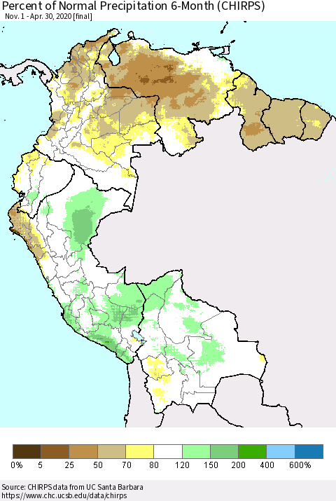 Northern South America Percent of Normal Precipitation 6-Month (CHIRPS) Thematic Map For 11/1/2019 - 4/30/2020