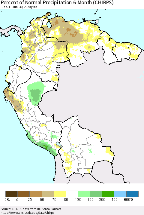 Northern South America Percent of Normal Precipitation 6-Month (CHIRPS) Thematic Map For 1/1/2020 - 6/30/2020