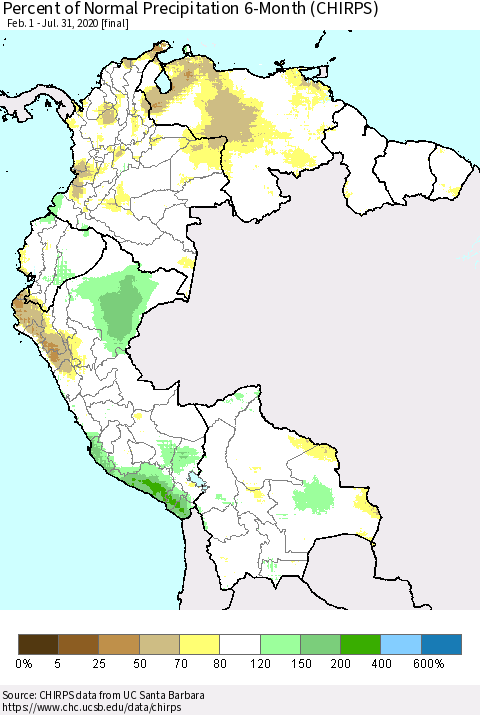 Northern South America Percent of Normal Precipitation 6-Month (CHIRPS) Thematic Map For 2/1/2020 - 7/31/2020
