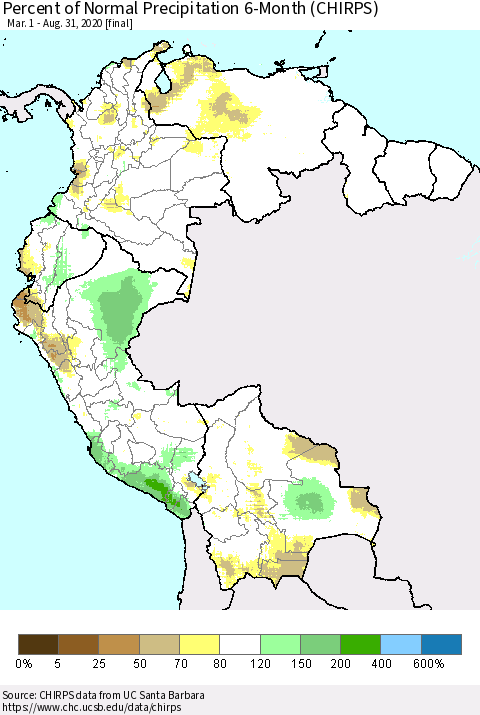 Northern South America Percent of Normal Precipitation 6-Month (CHIRPS) Thematic Map For 3/1/2020 - 8/31/2020