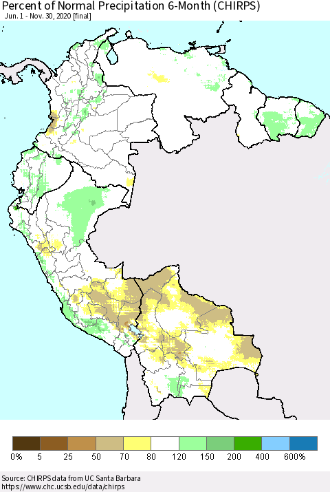Northern South America Percent of Normal Precipitation 6-Month (CHIRPS) Thematic Map For 6/1/2020 - 11/30/2020