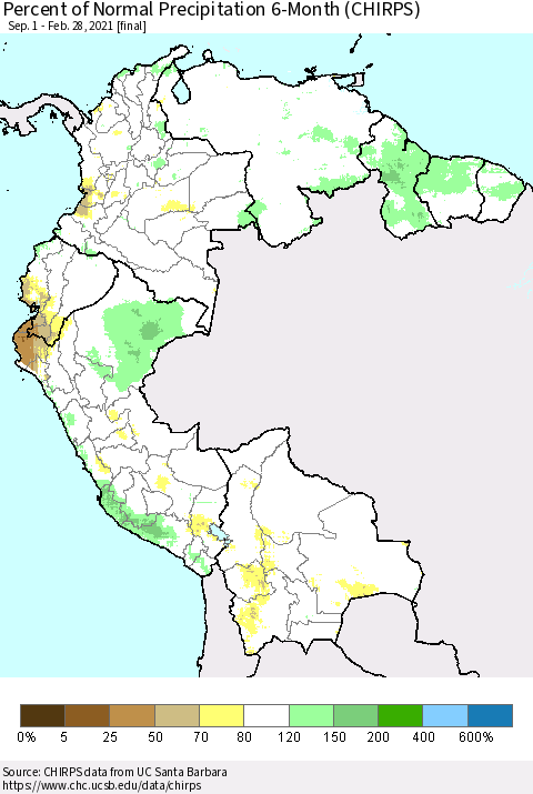 Northern South America Percent of Normal Precipitation 6-Month (CHIRPS) Thematic Map For 9/1/2020 - 2/28/2021