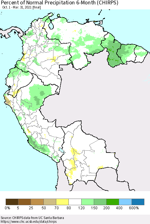 Northern South America Percent of Normal Precipitation 6-Month (CHIRPS) Thematic Map For 10/1/2020 - 3/31/2021