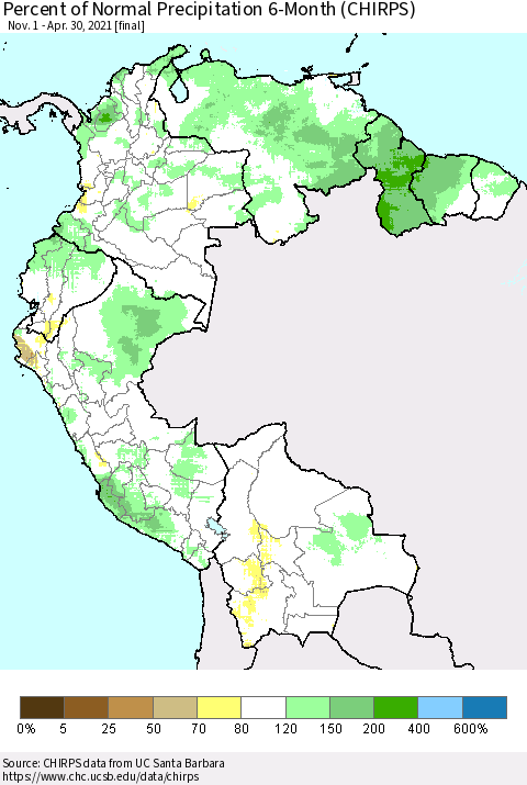 Northern South America Percent of Normal Precipitation 6-Month (CHIRPS) Thematic Map For 11/1/2020 - 4/30/2021