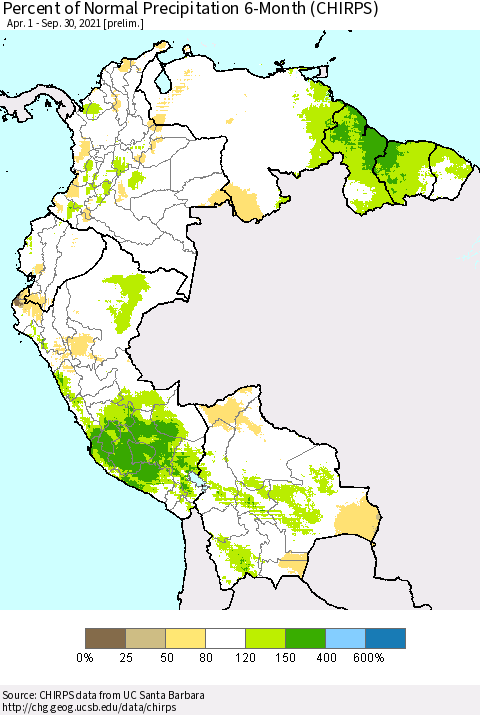 Northern South America Percent of Normal Precipitation 6-Month (CHIRPS) Thematic Map For 4/1/2021 - 9/30/2021