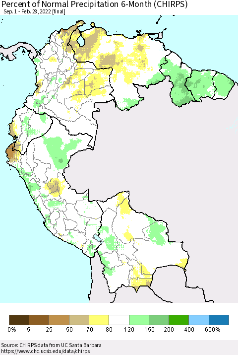 Northern South America Percent of Normal Precipitation 6-Month (CHIRPS) Thematic Map For 9/1/2021 - 2/28/2022