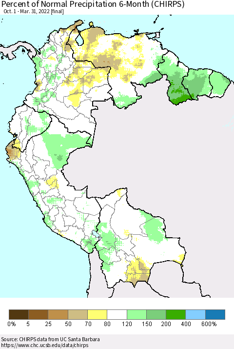 Northern South America Percent of Normal Precipitation 6-Month (CHIRPS) Thematic Map For 10/1/2021 - 3/31/2022