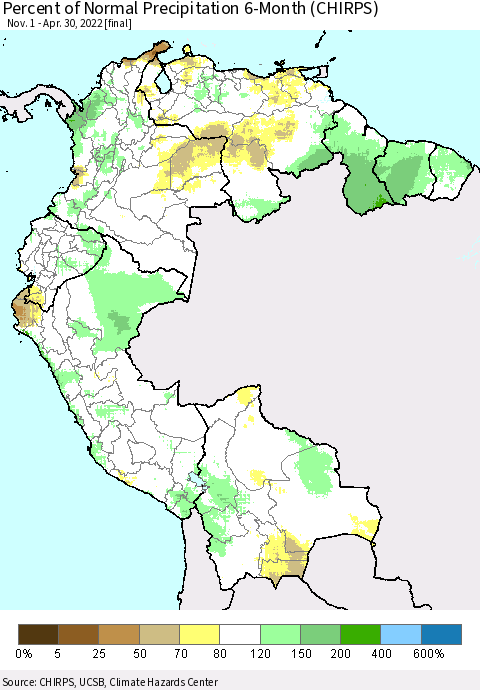 Northern South America Percent of Normal Precipitation 6-Month (CHIRPS) Thematic Map For 11/1/2021 - 4/30/2022