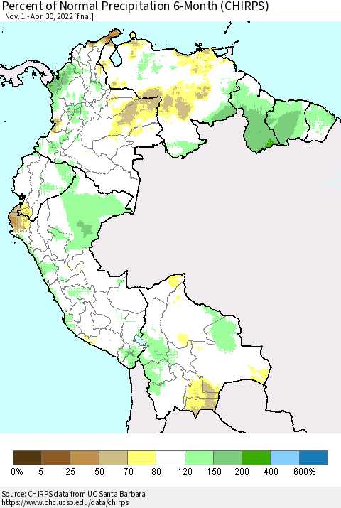 Northern South America Percent of Normal Precipitation 6-Month (CHIRPS) Thematic Map For 11/1/2021 - 4/30/2022