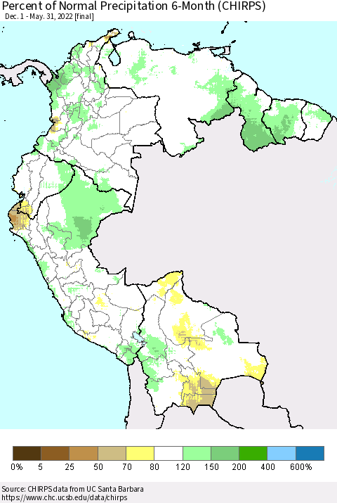 Northern South America Percent of Normal Precipitation 6-Month (CHIRPS) Thematic Map For 12/1/2021 - 5/31/2022