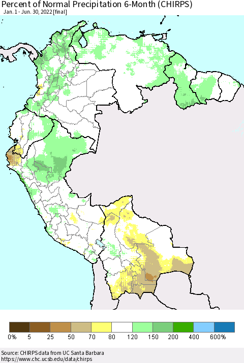 Northern South America Percent of Normal Precipitation 6-Month (CHIRPS) Thematic Map For 1/1/2022 - 6/30/2022