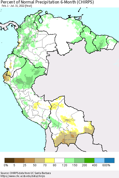 Northern South America Percent of Normal Precipitation 6-Month (CHIRPS) Thematic Map For 2/1/2022 - 7/31/2022