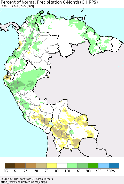 Northern South America Percent of Normal Precipitation 6-Month (CHIRPS) Thematic Map For 4/1/2022 - 9/30/2022