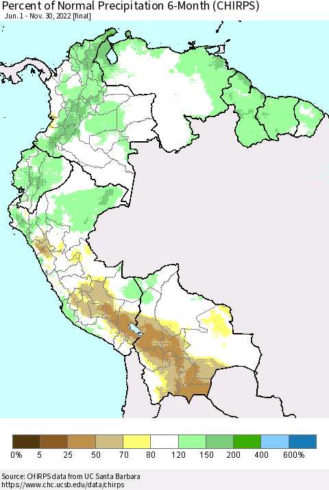 Northern South America Percent of Normal Precipitation 6-Month (CHIRPS) Thematic Map For 6/1/2022 - 11/30/2022