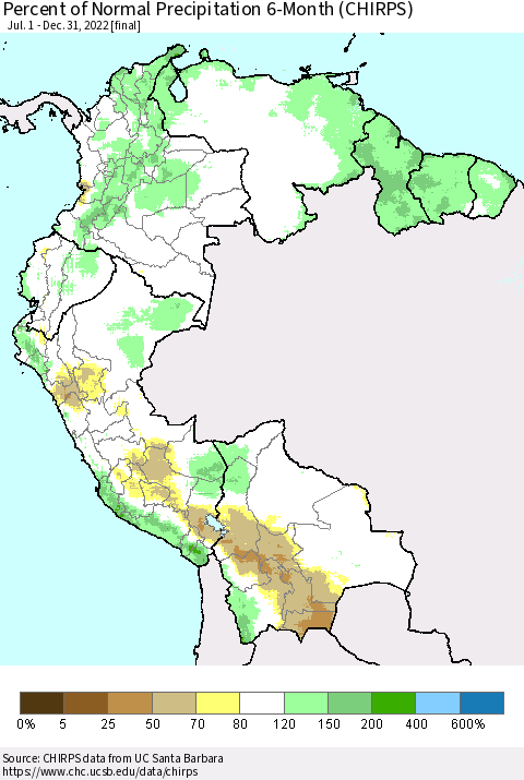 Northern South America Percent of Normal Precipitation 6-Month (CHIRPS) Thematic Map For 7/1/2022 - 12/31/2022
