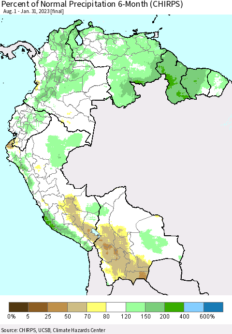 Northern South America Percent of Normal Precipitation 6-Month (CHIRPS) Thematic Map For 8/1/2022 - 1/31/2023