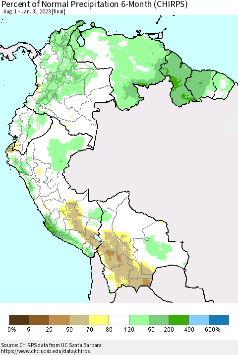 Northern South America Percent of Normal Precipitation 6-Month (CHIRPS) Thematic Map For 8/1/2022 - 1/31/2023
