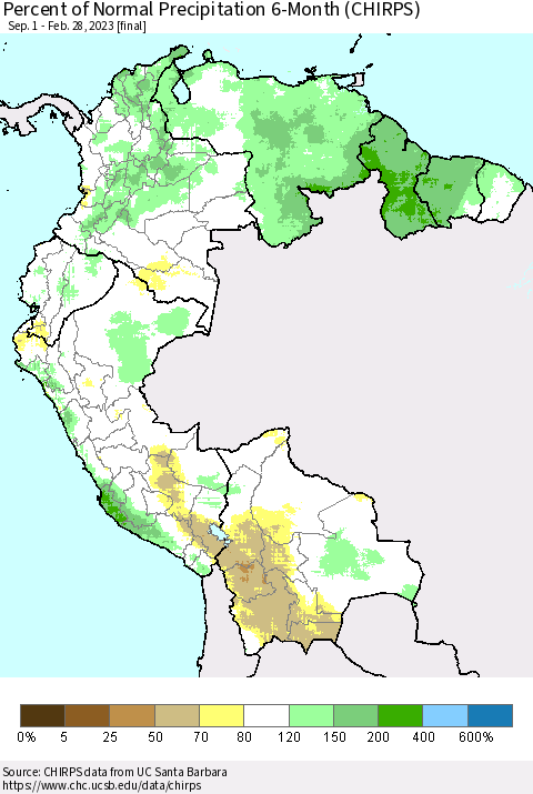 Northern South America Percent of Normal Precipitation 6-Month (CHIRPS) Thematic Map For 9/1/2022 - 2/28/2023