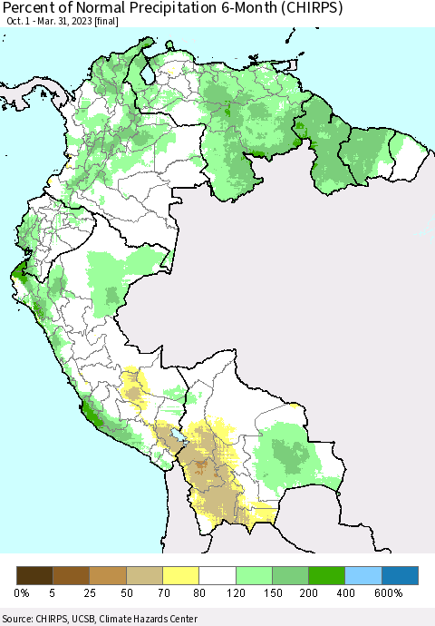 Northern South America Percent of Normal Precipitation 6-Month (CHIRPS) Thematic Map For 10/1/2022 - 3/31/2023