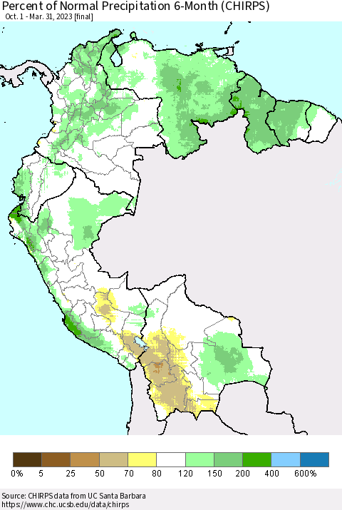 Northern South America Percent of Normal Precipitation 6-Month (CHIRPS) Thematic Map For 10/1/2022 - 3/31/2023
