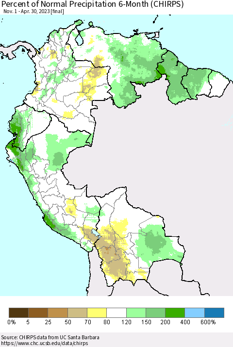 Northern South America Percent of Normal Precipitation 6-Month (CHIRPS) Thematic Map For 11/1/2022 - 4/30/2023