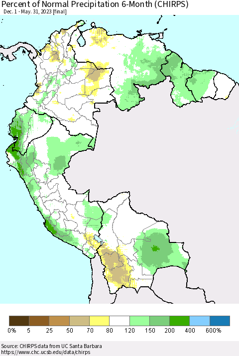 Northern South America Percent of Normal Precipitation 6-Month (CHIRPS) Thematic Map For 12/1/2022 - 5/31/2023