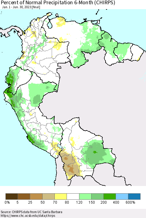 Northern South America Percent of Normal Precipitation 6-Month (CHIRPS) Thematic Map For 1/1/2023 - 6/30/2023
