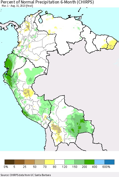 Northern South America Percent of Normal Precipitation 6-Month (CHIRPS) Thematic Map For 3/1/2023 - 8/31/2023