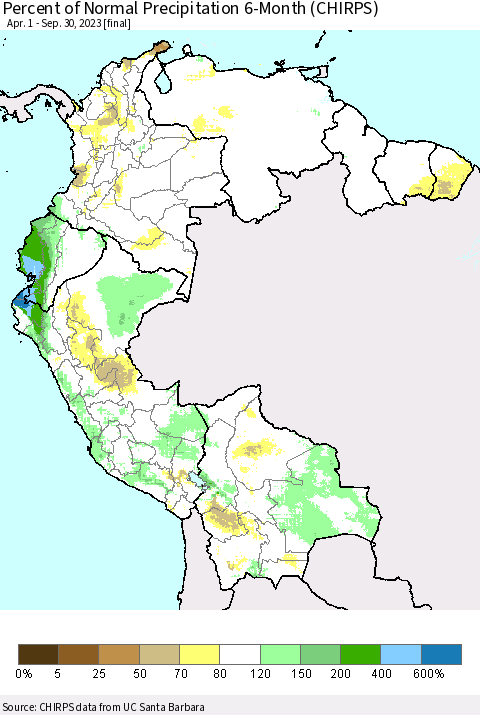 Northern South America Percent of Normal Precipitation 6-Month (CHIRPS) Thematic Map For 4/1/2023 - 9/30/2023
