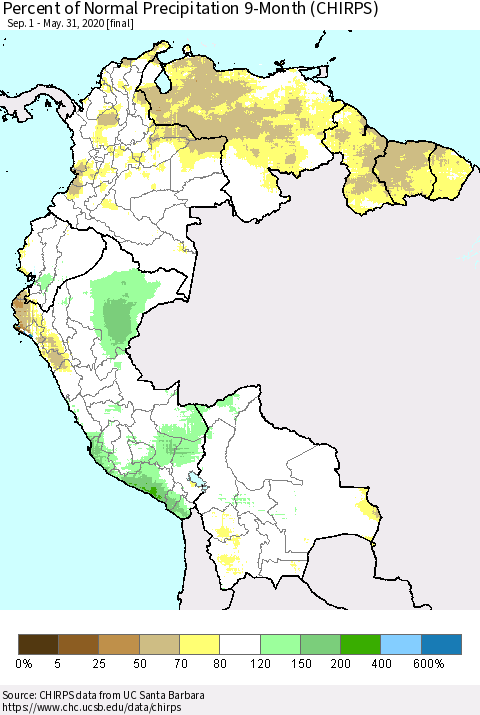 Northern South America Percent of Normal Precipitation 9-Month (CHIRPS) Thematic Map For 9/1/2019 - 5/31/2020