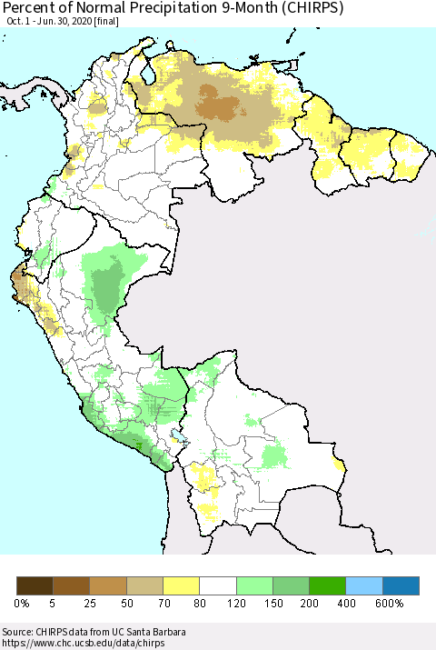 Northern South America Percent of Normal Precipitation 9-Month (CHIRPS) Thematic Map For 10/1/2019 - 6/30/2020
