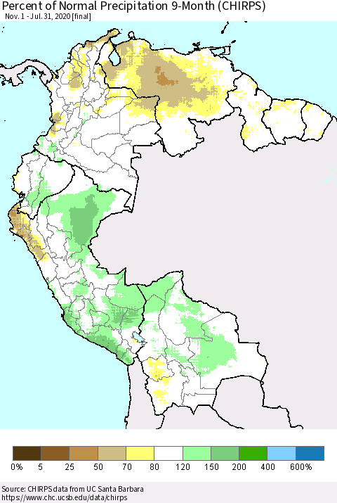 Northern South America Percent of Normal Precipitation 9-Month (CHIRPS) Thematic Map For 11/1/2019 - 7/31/2020